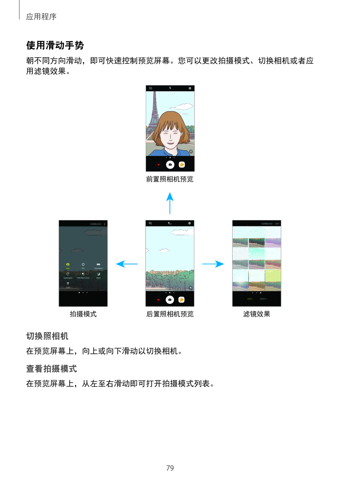 Samsung SM-A520FZIDXXV, SM-A520FZDDXXV, SM-A520FZBDXXV manual 使用滑动手势, 在预览屏幕上，向上或向下滑动以切换相机。, 在预览屏幕上，从左至右滑动即可打开拍摄模式列表。 