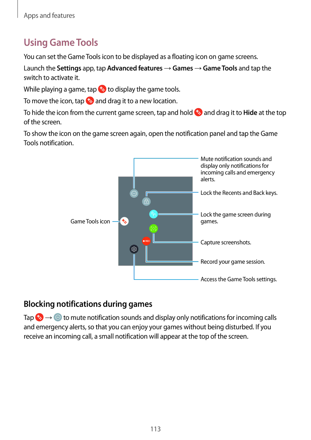 Samsung SM-A520FZKDSER, SM-A520FZIADBT, SM-A520FZBADBT, SM-A320FZDNDBT Using Game Tools, Blocking notifications during games 