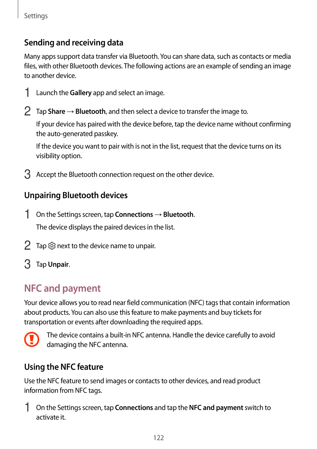 Samsung SM-A520FZBAXEF NFC and payment, Sending and receiving data, Unpairing Bluetooth devices, Using the NFC feature 