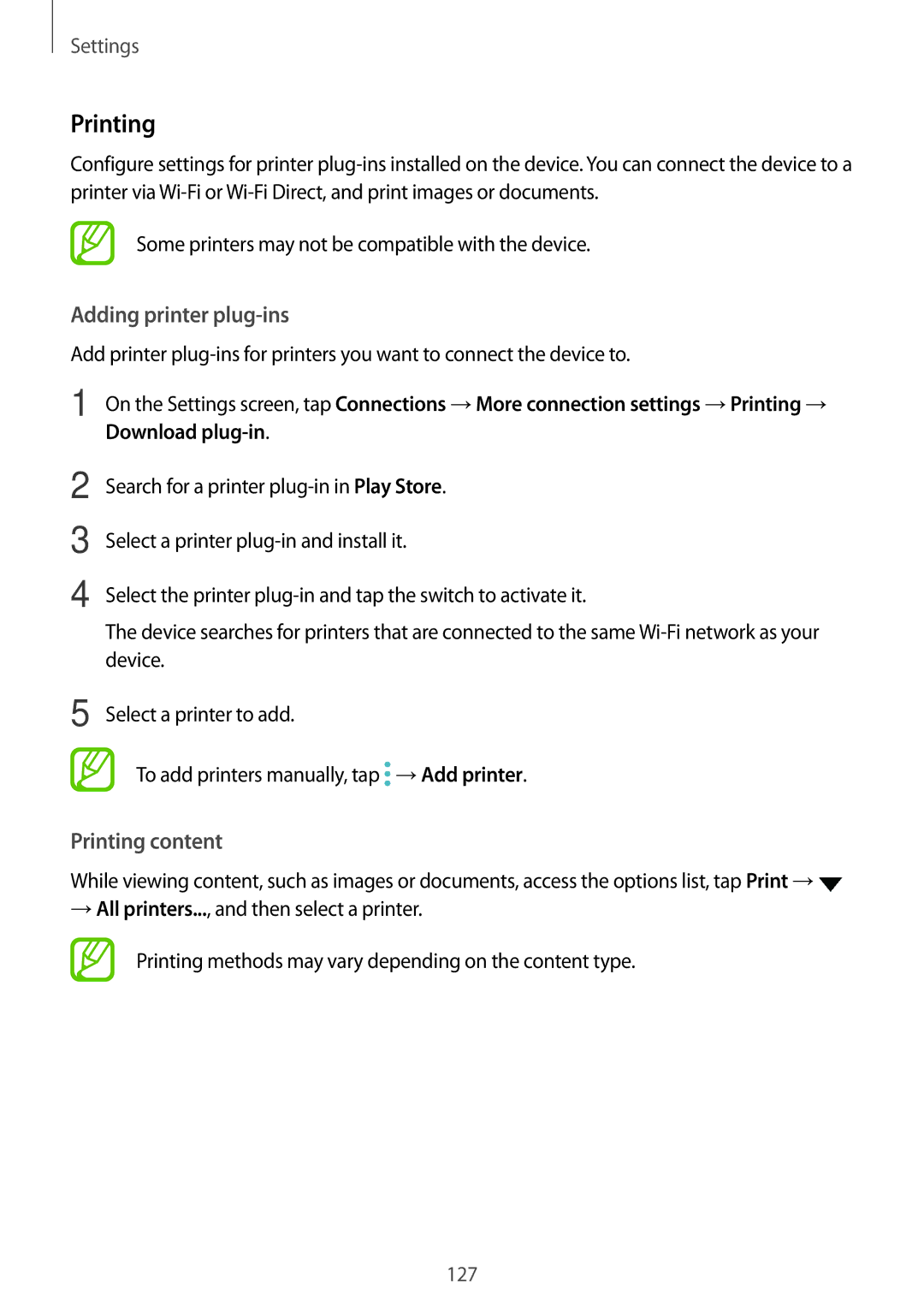 Samsung SM-A520FZIAXEF, SM-A520FZIADBT, SM-A520FZBADBT, SM-A320FZDNDBT manual Adding printer plug-ins, Printing content 