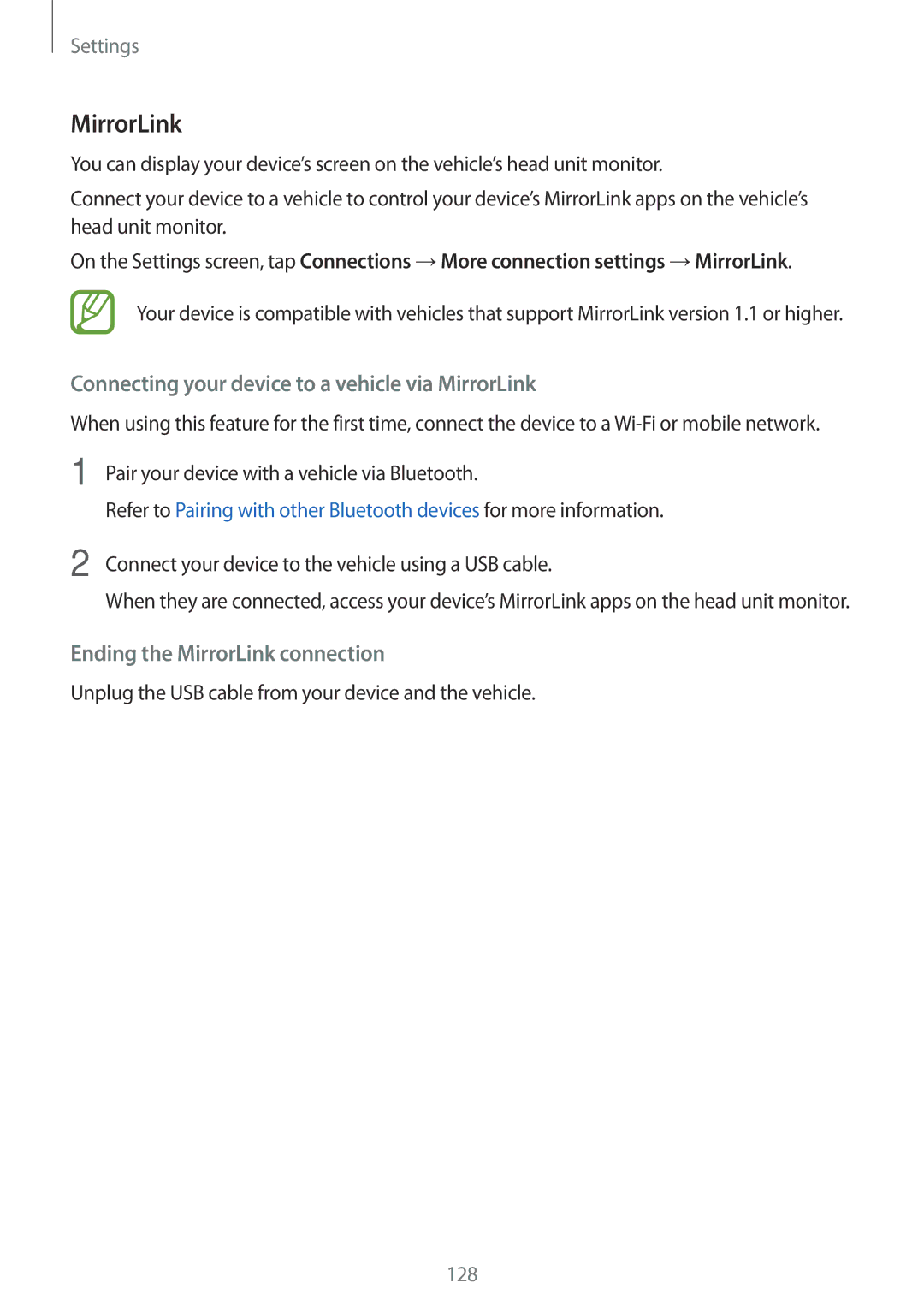 Samsung SM-A320FZINXEF manual Connecting your device to a vehicle via MirrorLink, Ending the MirrorLink connection 