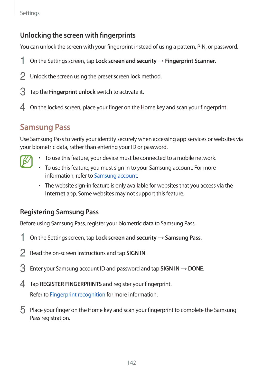 Samsung SM-A520FZIAPHE, SM-A520FZIADBT, SM-A520FZBADBT Unlocking the screen with fingerprints, Registering Samsung Pass 