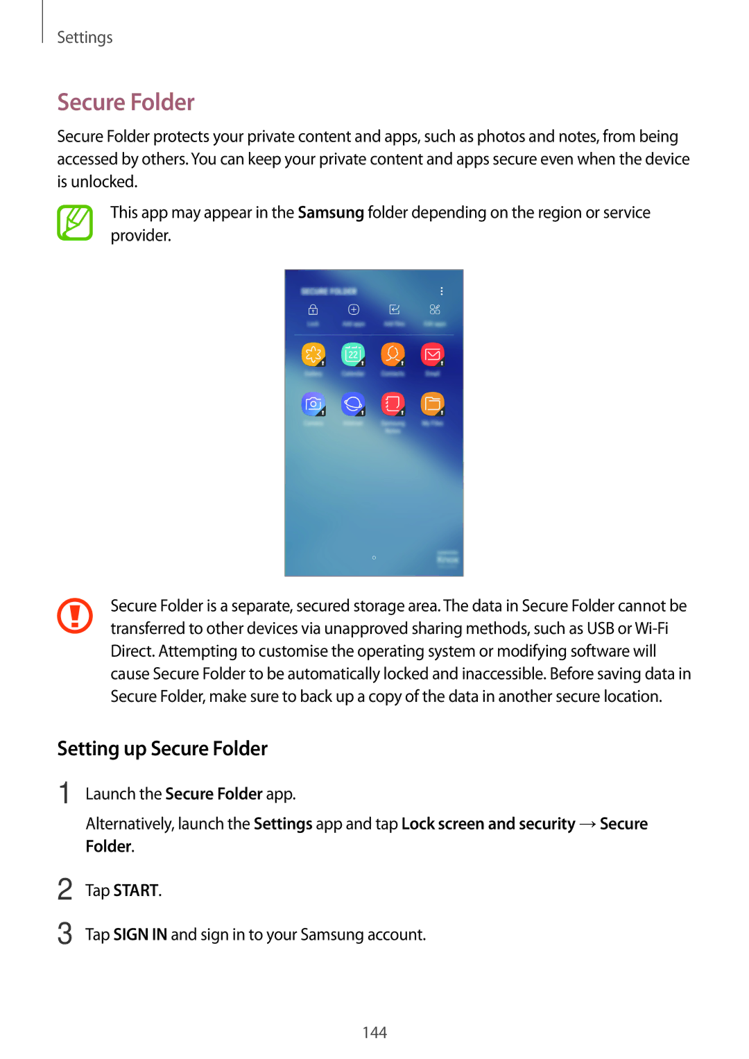 Samsung SM-A320FZKNPHE, SM-A520FZIADBT, SM-A520FZBADBT, SM-A320FZDNDBT, SM-A520FZKADBT manual Setting up Secure Folder 