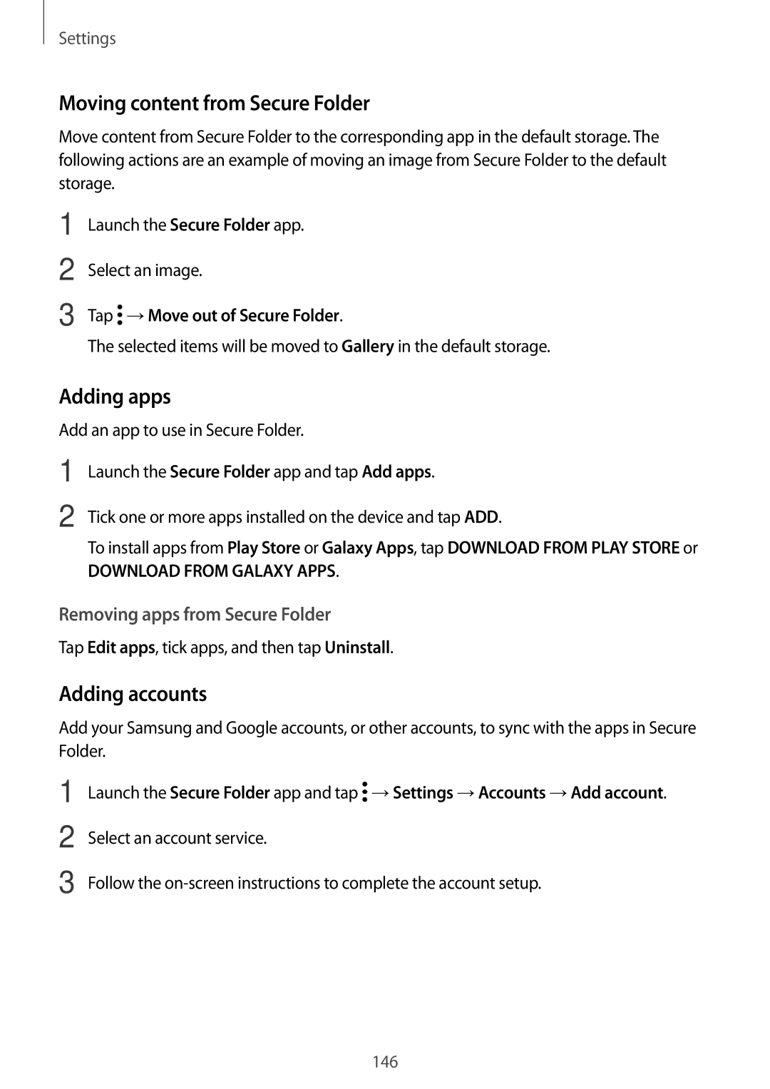 Samsung SM-A320FZDDKSA Moving content from Secure Folder, Adding apps, Adding accounts, Removing apps from Secure Folder 