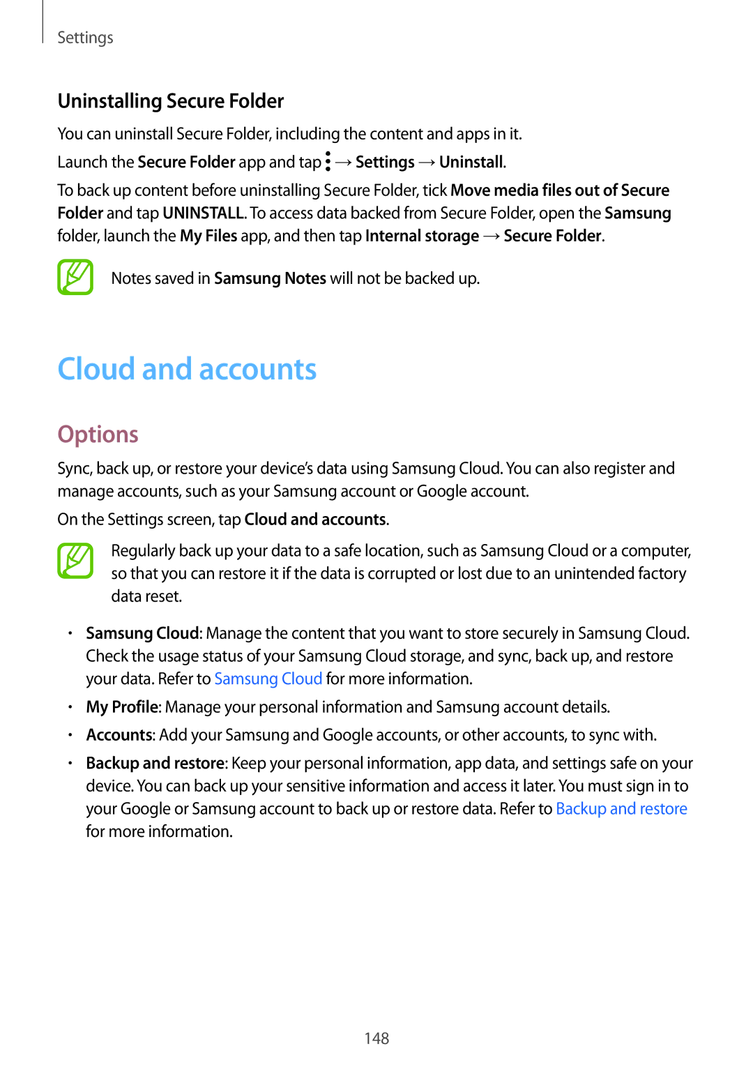 Samsung SM-A520FZIDKSA, SM-A520FZIADBT, SM-A520FZBADBT, SM-A320FZDNDBT manual Cloud and accounts, Uninstalling Secure Folder 