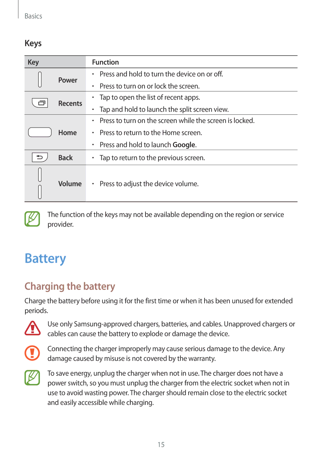 Samsung SM-A320FZBNXEF, SM-A520FZIADBT, SM-A520FZBADBT, SM-A320FZDNDBT, SM-A520FZKADBT Battery, Charging the battery, Keys 