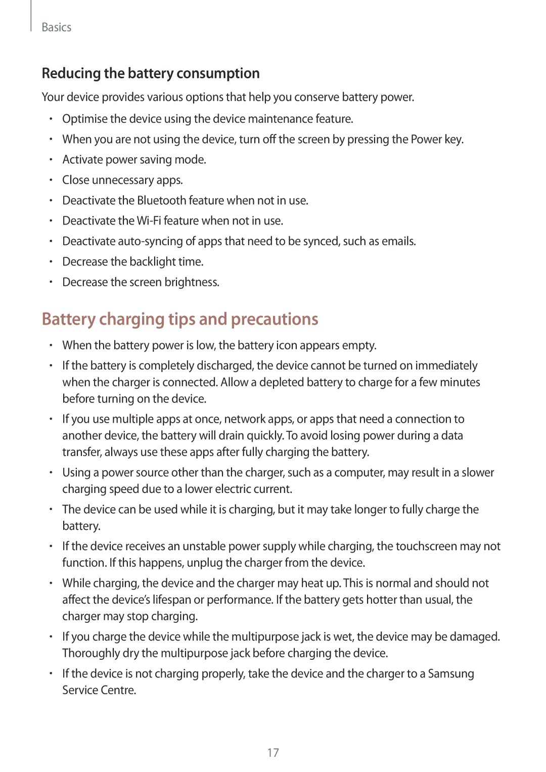 Samsung SM-A320FZBNITV, SM-A520FZIADBT manual Battery charging tips and precautions, Reducing the battery consumption 