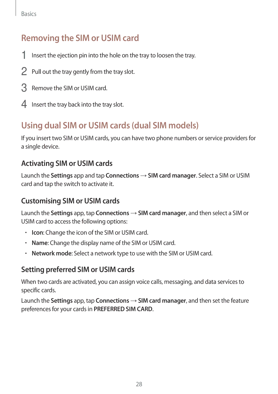 Samsung SM-A520FZIAPHE, SM-A520FZIADBT manual Removing the SIM or Usim card, Using dual SIM or Usim cards dual SIM models 