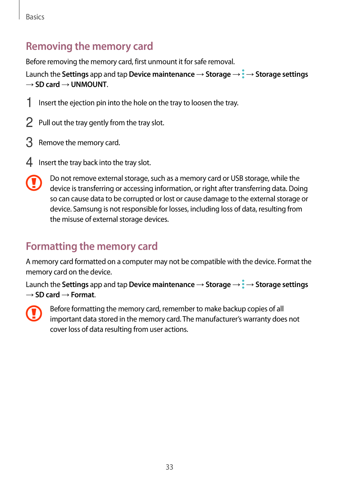 Samsung SM-A520FZBDKSA manual Removing the memory card, Formatting the memory card, → SD card →UNMOUNT, → SD card →Format 