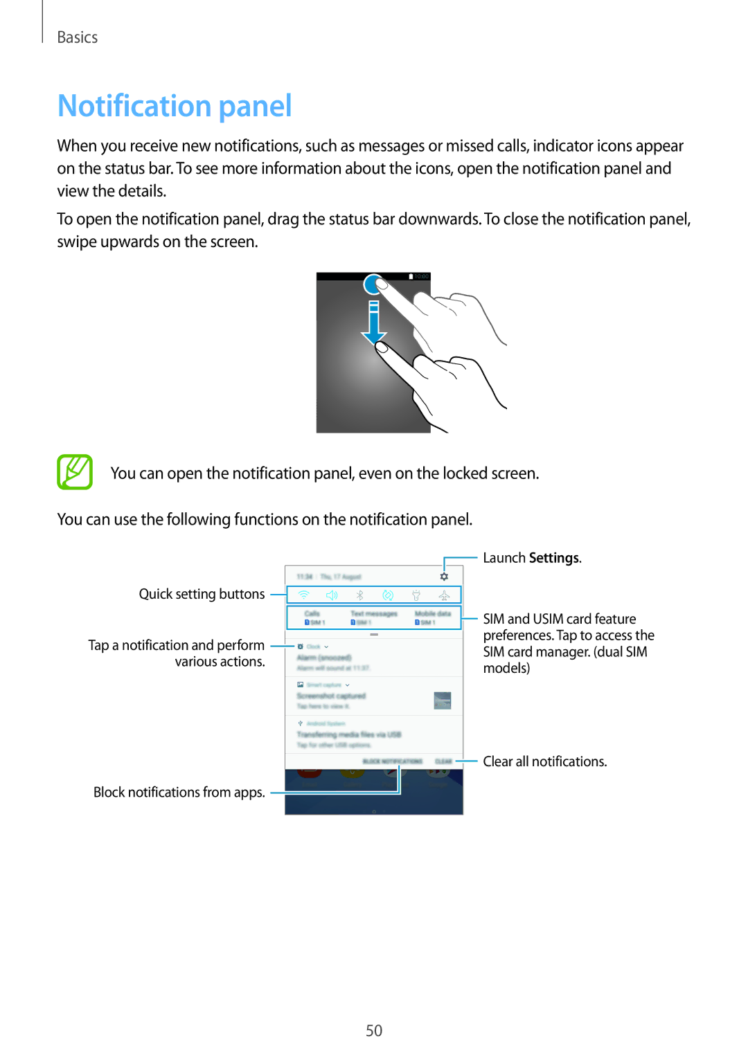 Samsung SM-A720FZIDXXV, SM-A520FZIADBT, SM-A520FZBADBT Notification panel, Block notifications from apps Launch Settings 