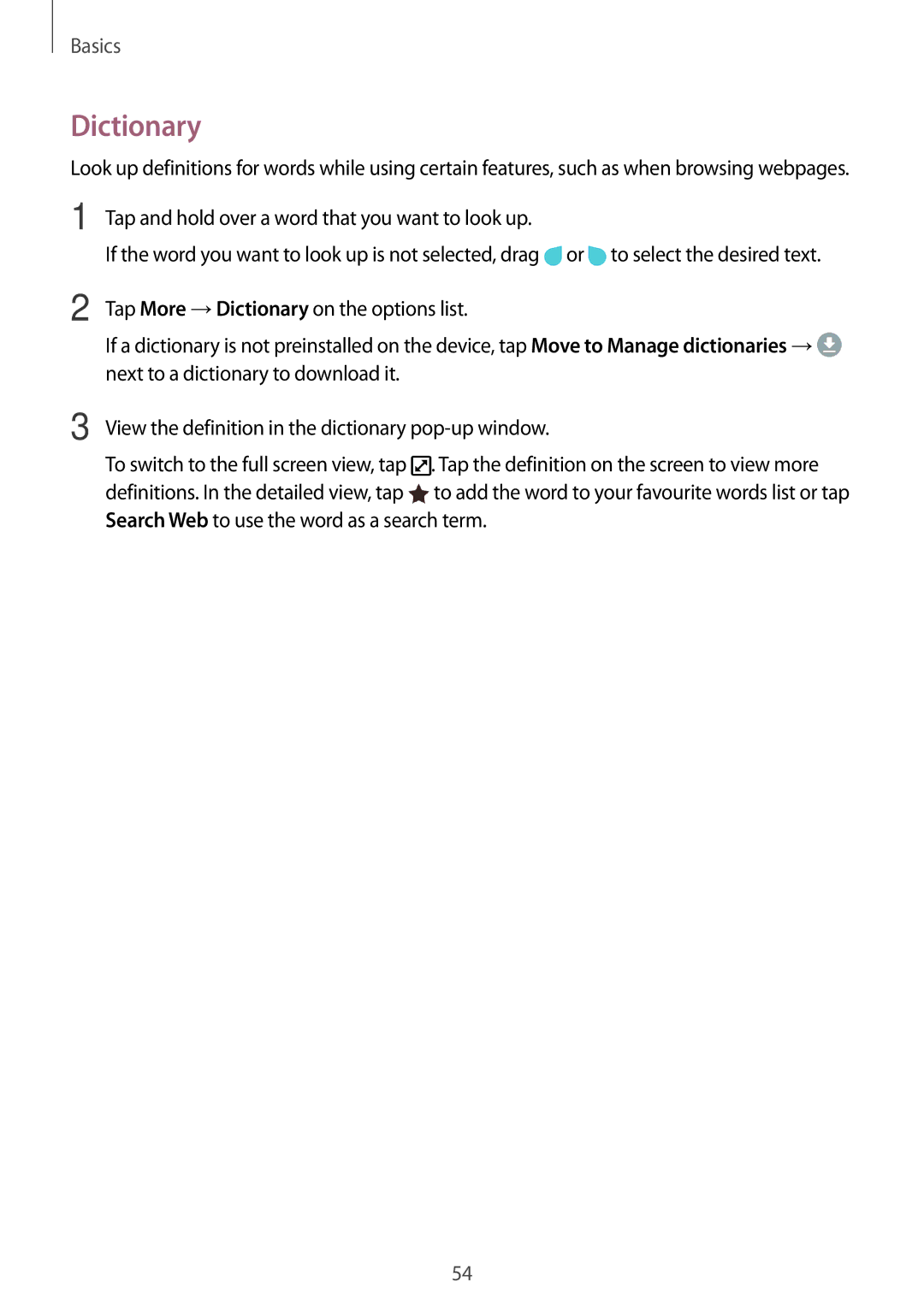 Samsung SM-A520FZDABGL, SM-A520FZIADBT, SM-A520FZBADBT manual Dictionary, Tap and hold over a word that you want to look up 