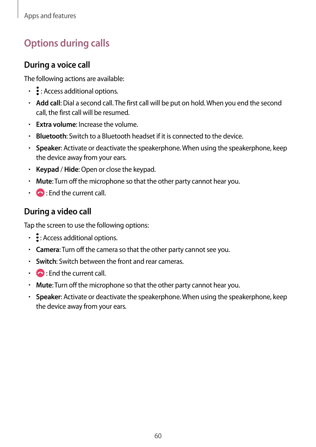 Samsung SM-A520FZDASEE, SM-A520FZIADBT, SM-A520FZBADBT manual Options during calls, During a voice call, During a video call 