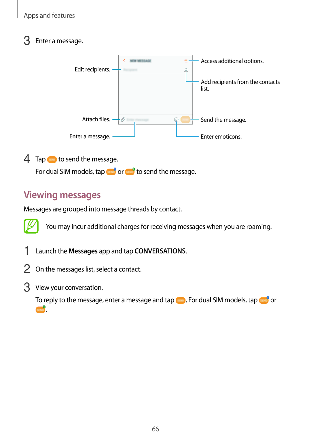 Samsung SM-A320FZDNETL, SM-A520FZIADBT, SM-A520FZBADBT manual Viewing messages, Enter a message, Tap To send the message 