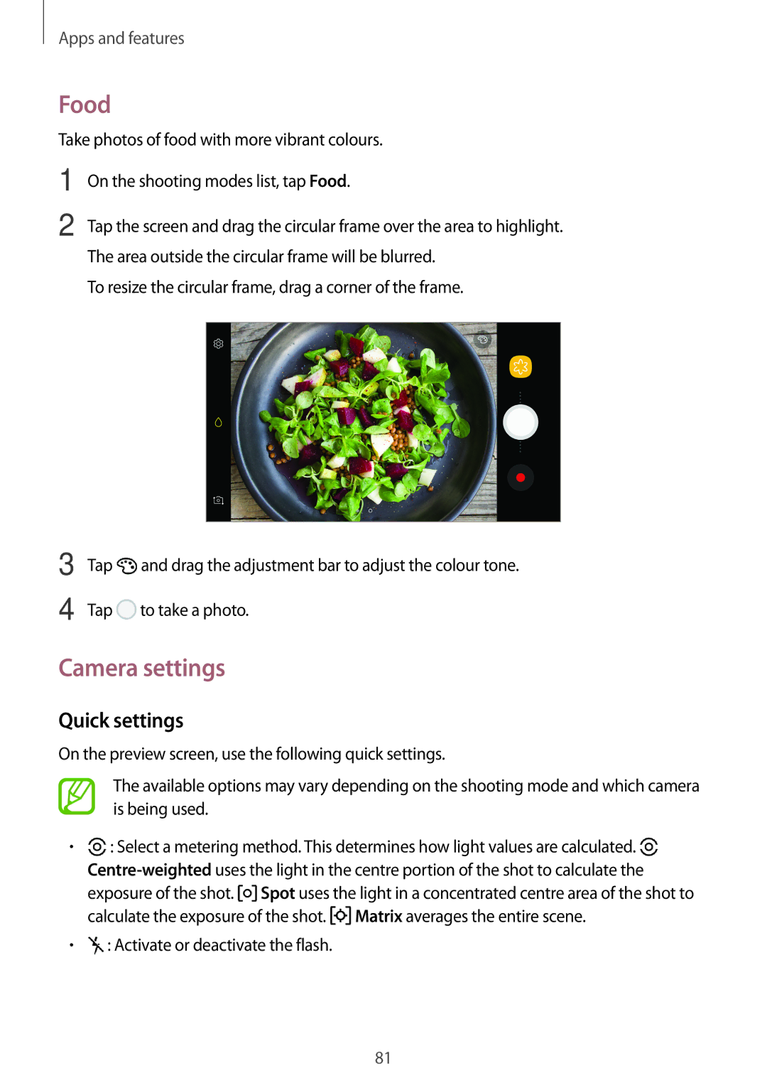 Samsung SM-A320FZDNSEB, SM-A520FZIADBT manual Food, Camera settings, Quick settings, Activate or deactivate the flash 