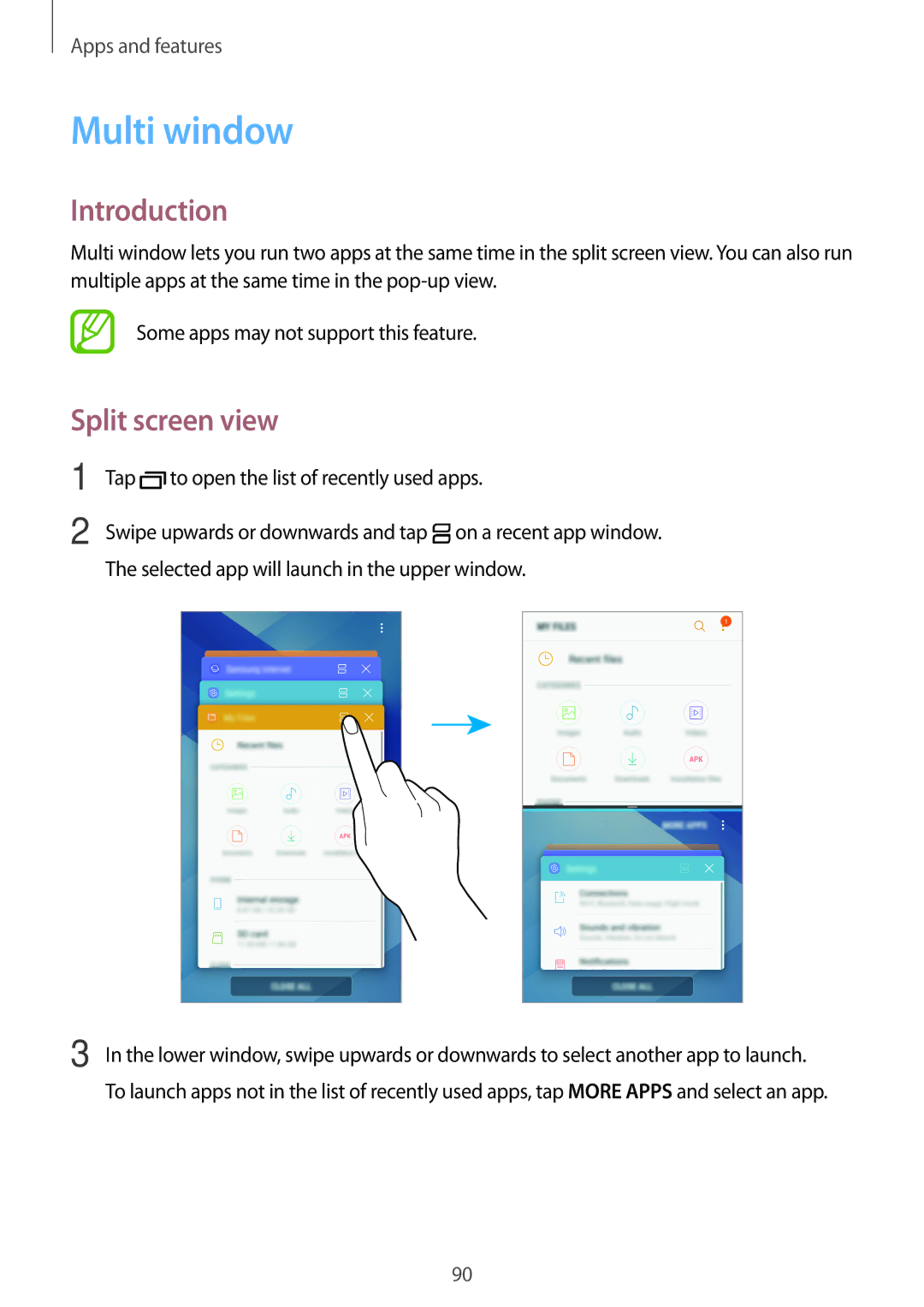 Samsung SM-A520FZBAVGR, SM-A520FZIADBT manual Multi window, Split screen view, Tap to open the list of recently used apps 