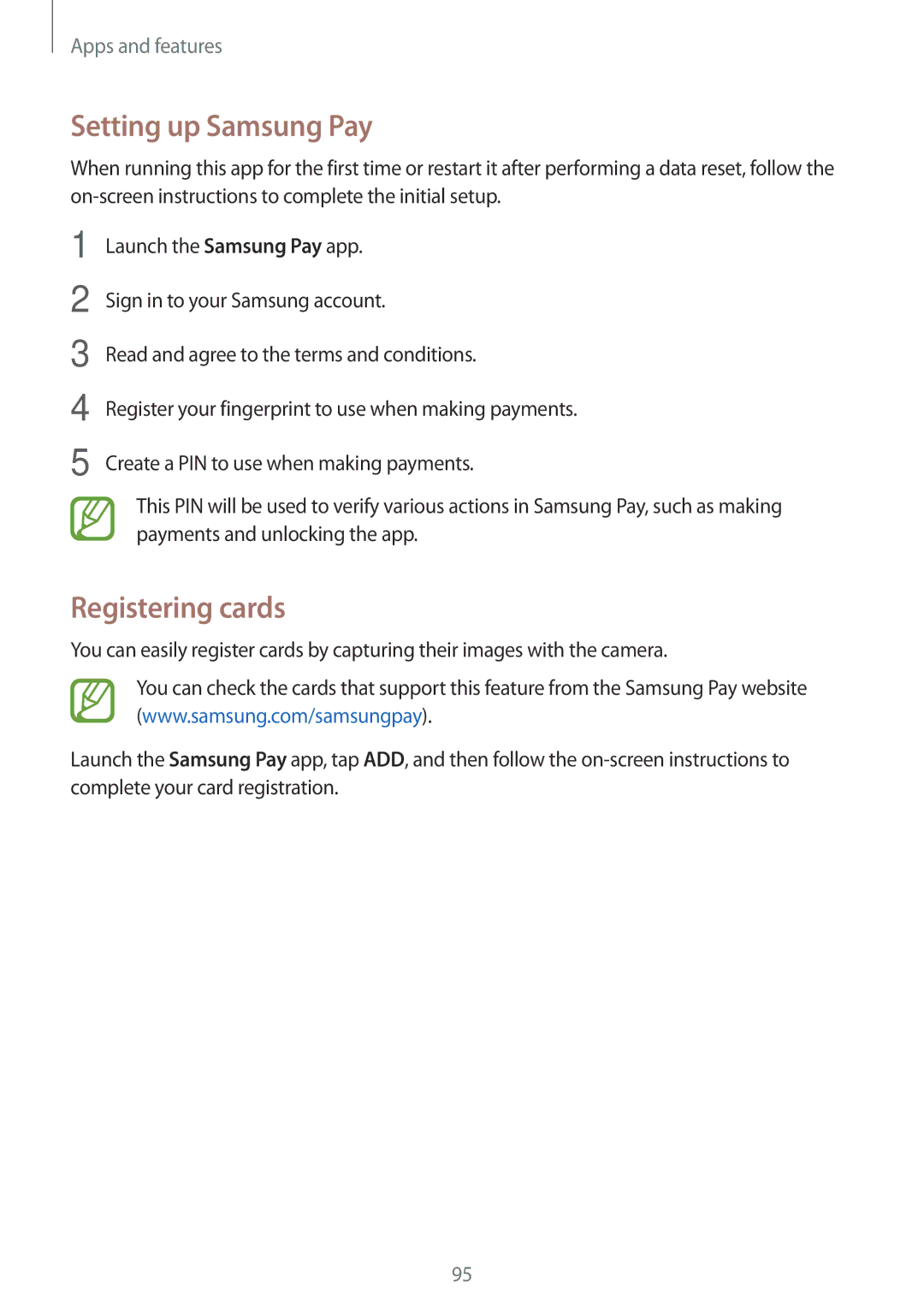 Samsung SM-A320FZKNEUR, SM-A520FZIADBT, SM-A520FZBADBT, SM-A320FZDNDBT manual Setting up Samsung Pay, Registering cards 