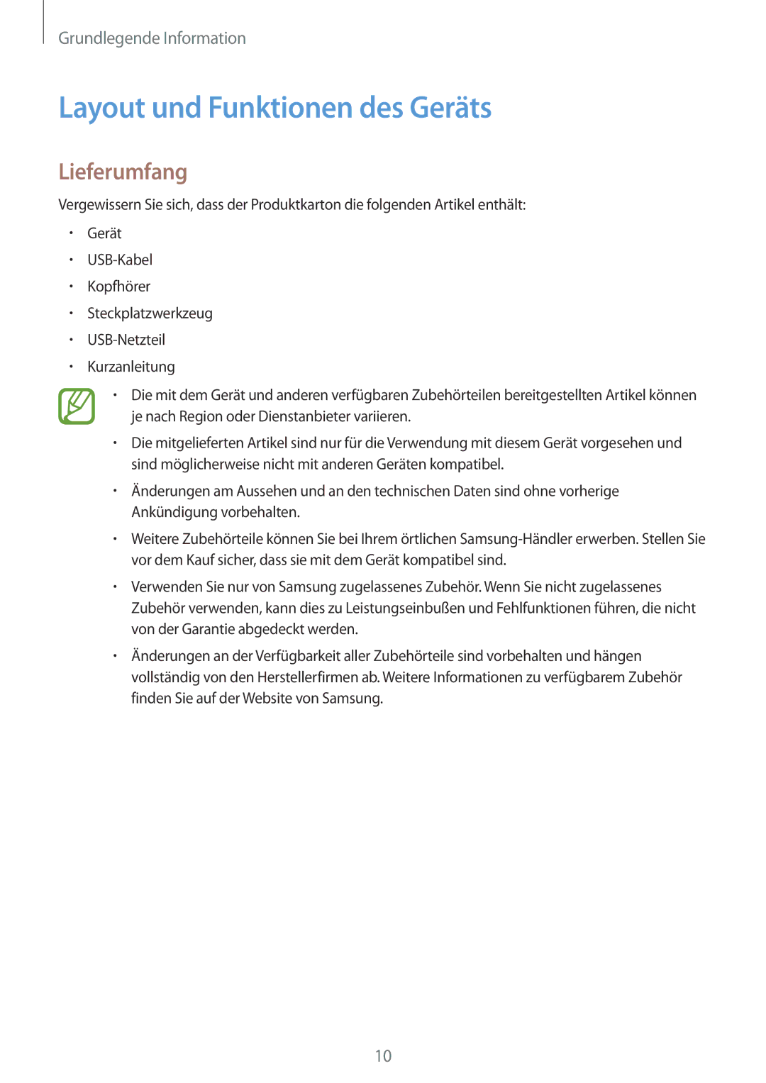 Samsung SM-A320FZDNDBT, SM-A520FZIADBT, SM-A520FZBADBT, SM-A520FZKADBT manual Layout und Funktionen des Geräts, Lieferumfang 