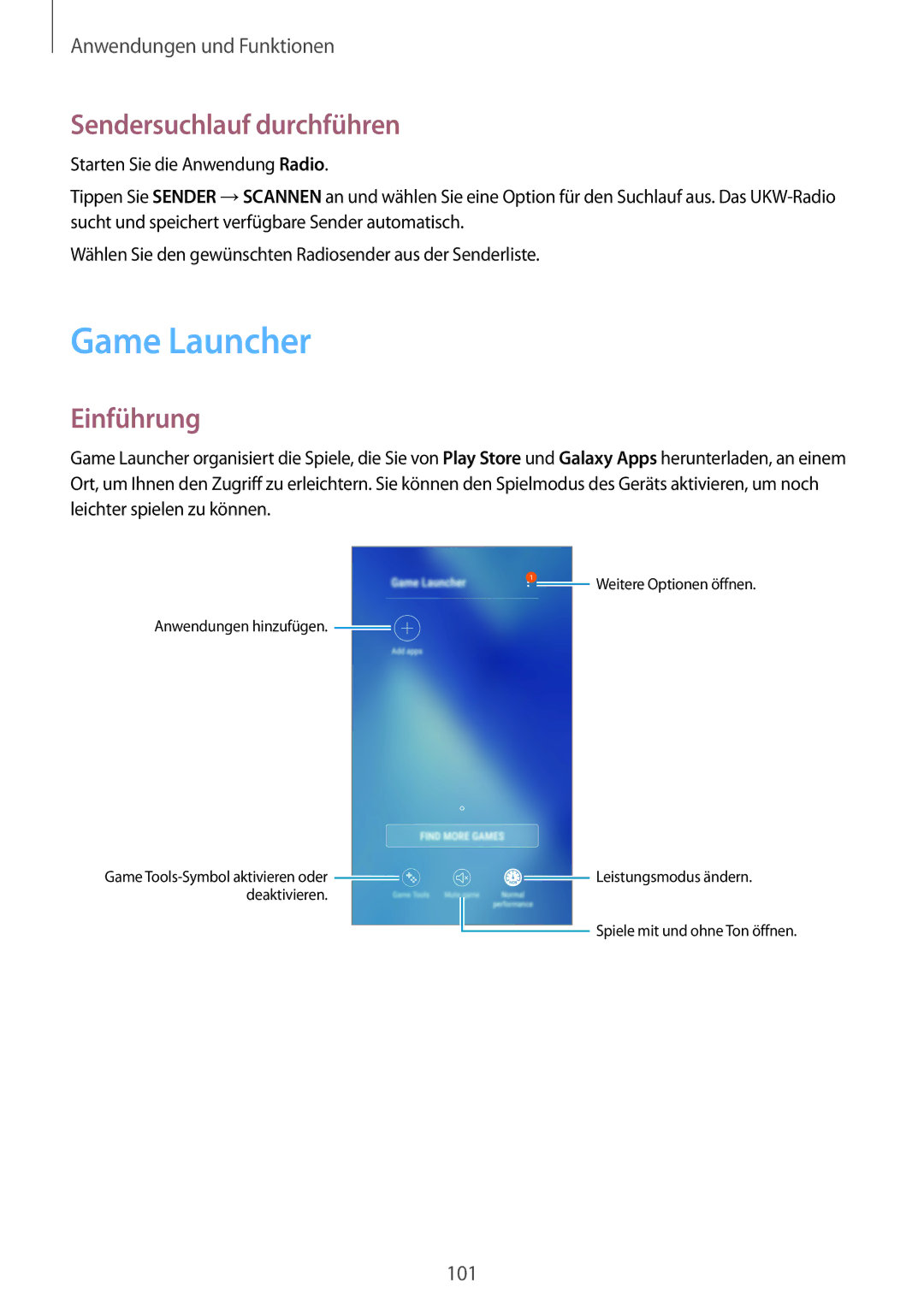 Samsung SM-A520FZDADBT, SM-A520FZIADBT, SM-A520FZBADBT, SM-A320FZDNDBT manual Game Launcher, Sendersuchlauf durchführen 