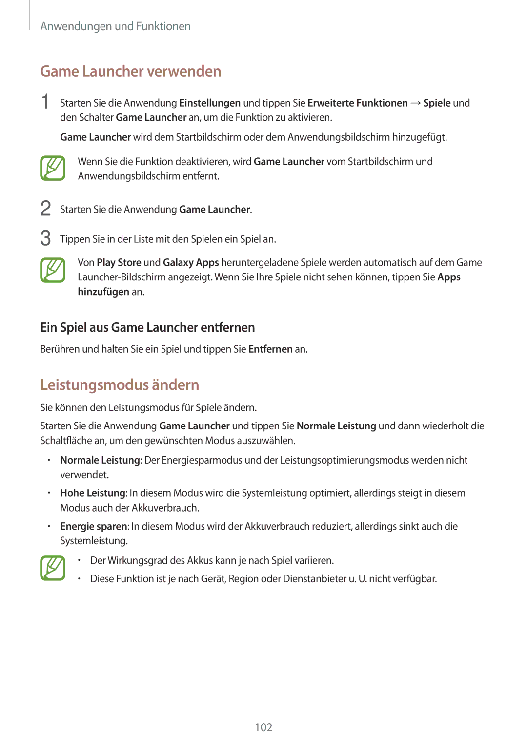 Samsung SM-A320FZINDBT manual Game Launcher verwenden, Leistungsmodus ändern, Ein Spiel aus Game Launcher entfernen 