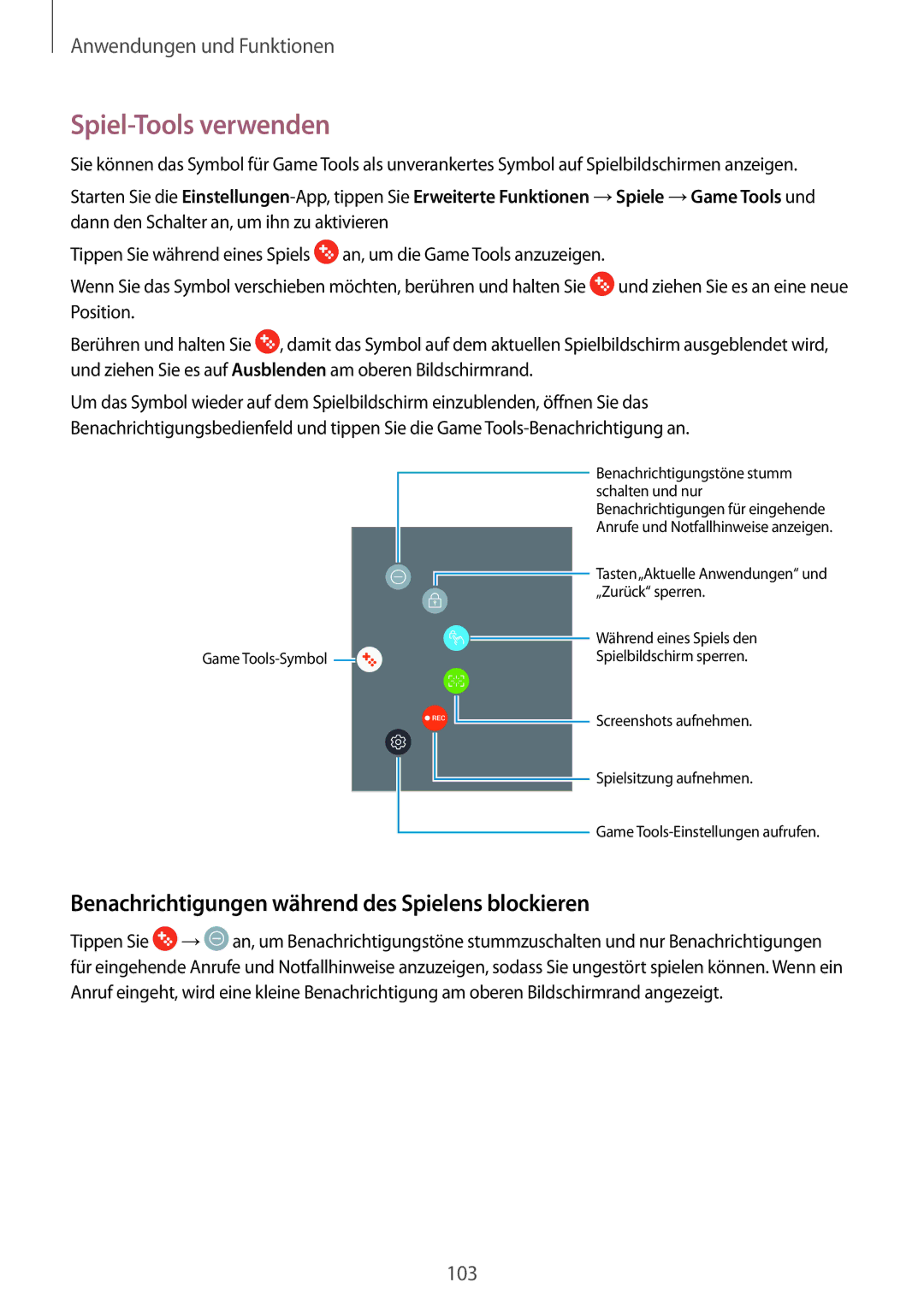 Samsung SM-A320FZBNDBT, SM-A520FZIADBT manual Spiel-Tools verwenden, Benachrichtigungen während des Spielens blockieren 