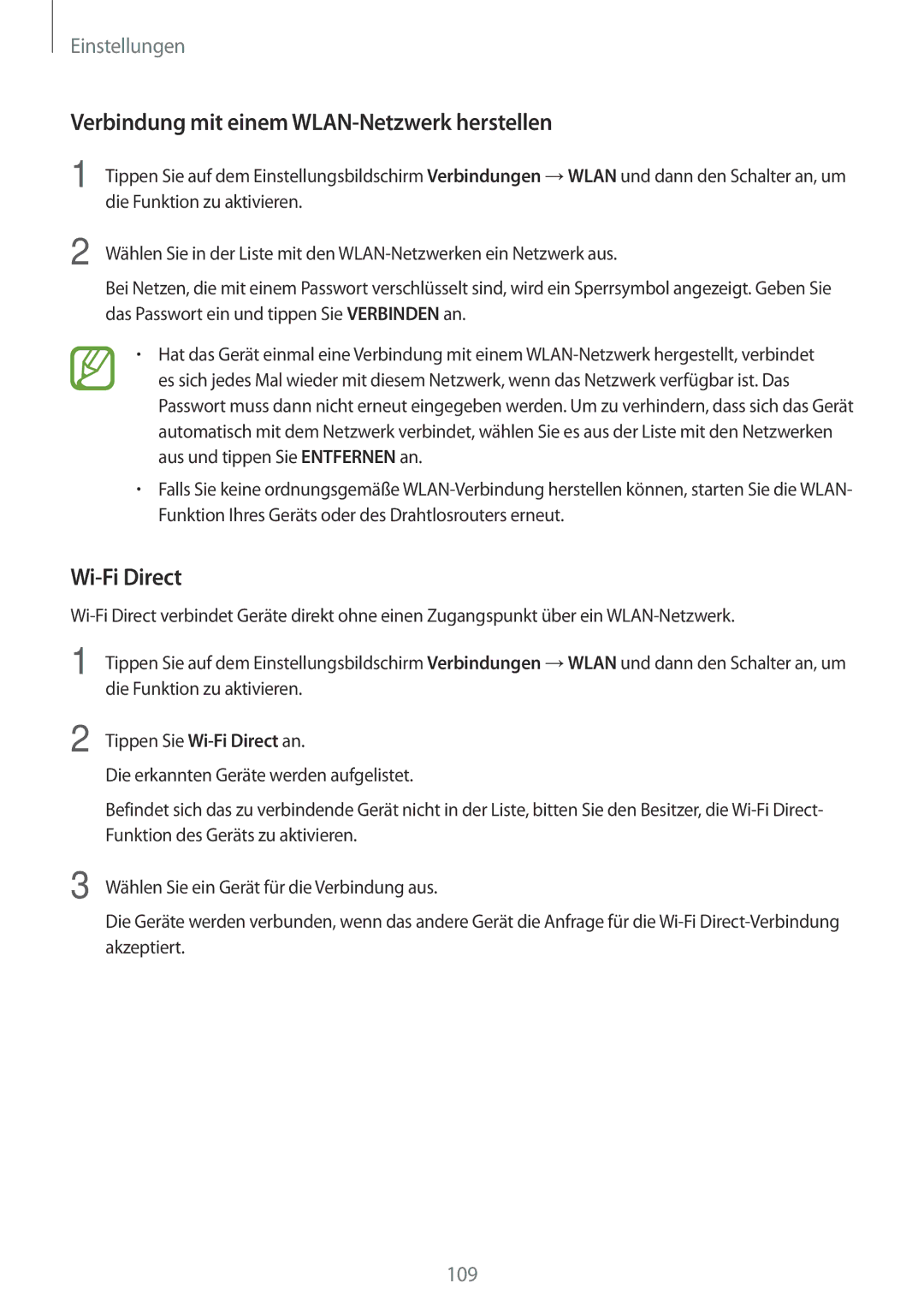 Samsung SM-A520FZDADBT, SM-A520FZIADBT, SM-A520FZBADBT manual Verbindung mit einem WLAN-Netzwerk herstellen, Wi-Fi Direct 