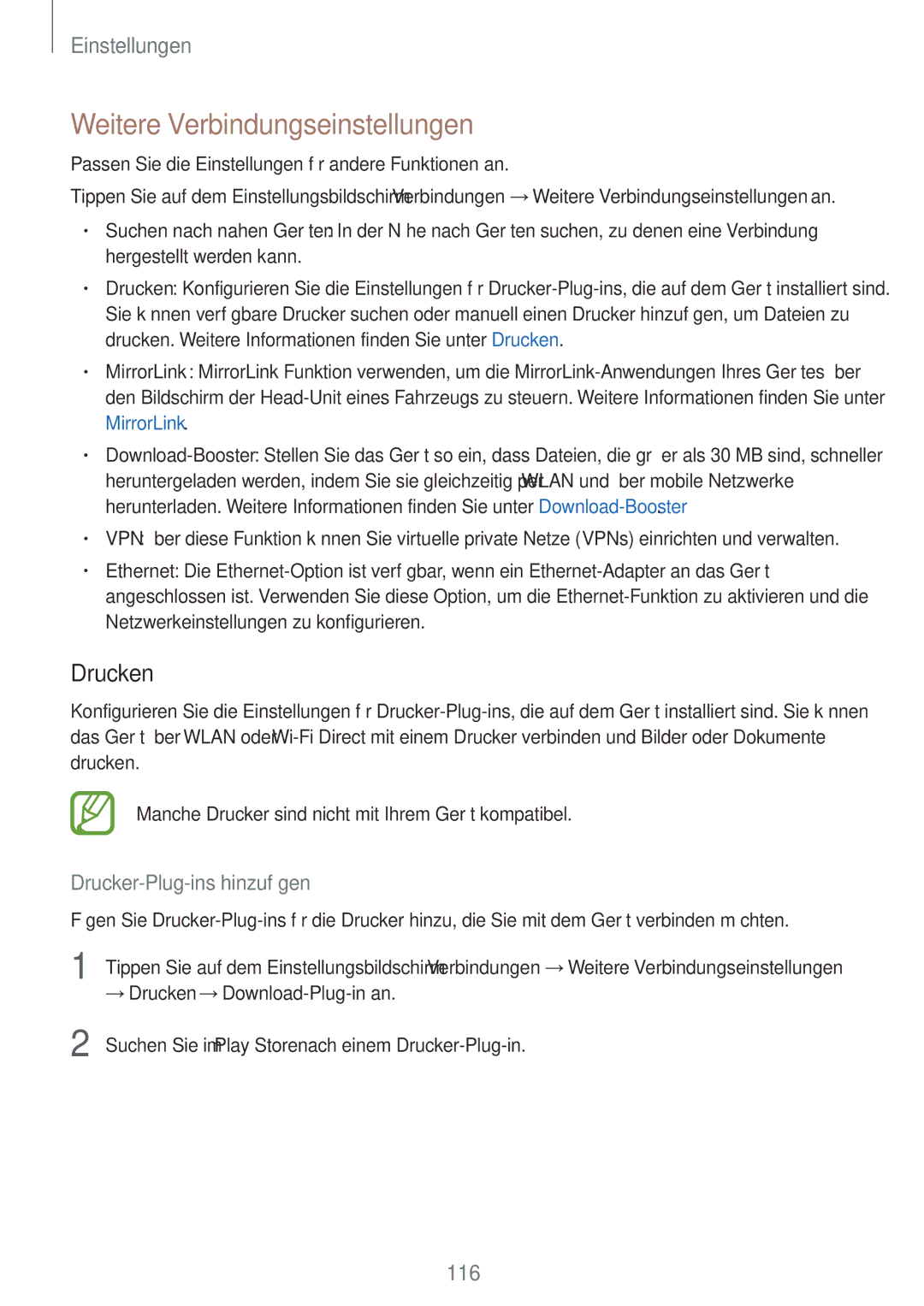 Samsung SM-A320FZKNDBT, SM-A520FZIADBT manual Weitere Verbindungseinstellungen, Drucken, Drucker-Plug-ins hinzufügen 