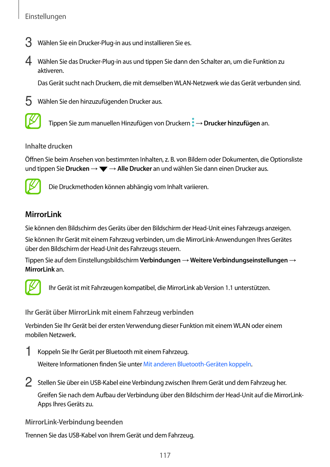 Samsung SM-A520FZDADBT, SM-A520FZIADBT manual Inhalte drucken, Ihr Gerät über MirrorLink mit einem Fahrzeug verbinden 