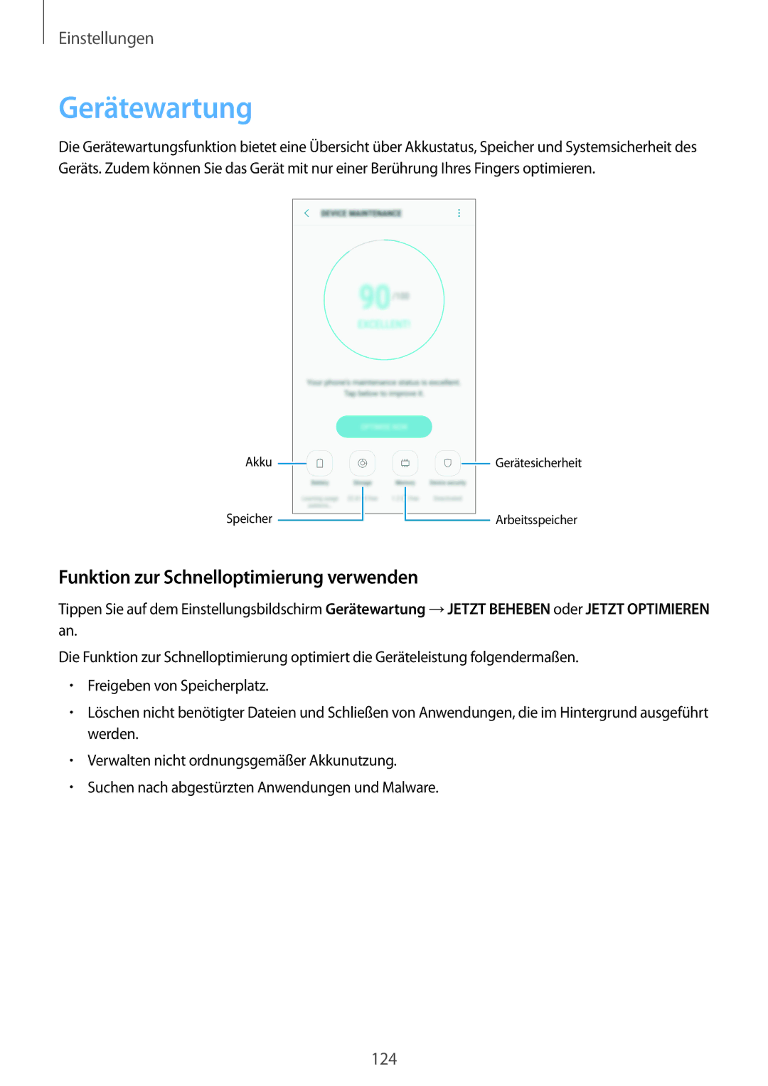 Samsung SM-A320FZKNDBT, SM-A520FZIADBT, SM-A520FZBADBT manual Gerätewartung, Funktion zur Schnelloptimierung verwenden 