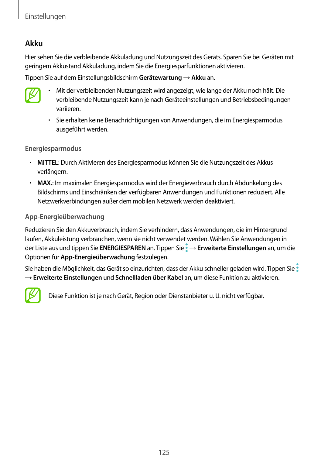 Samsung SM-A520FZDADBT, SM-A520FZIADBT, SM-A520FZBADBT, SM-A320FZDNDBT manual Akku, Energiesparmodus, App-Energieüberwachung 