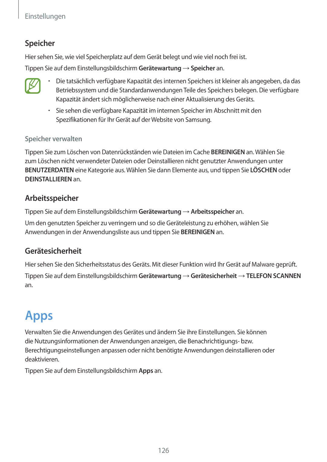 Samsung SM-A320FZINDBT, SM-A520FZIADBT, SM-A520FZBADBT manual Apps, Arbeitsspeicher, Gerätesicherheit, Speicher verwalten 