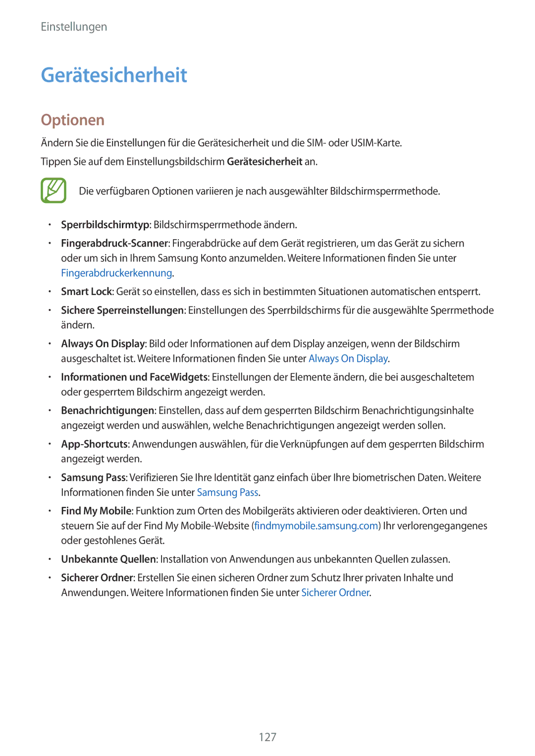 Samsung SM-A320FZBNDBT, SM-A520FZIADBT, SM-A520FZBADBT, SM-A320FZDNDBT, SM-A520FZKADBT manual Gerätesicherheit, Optionen 