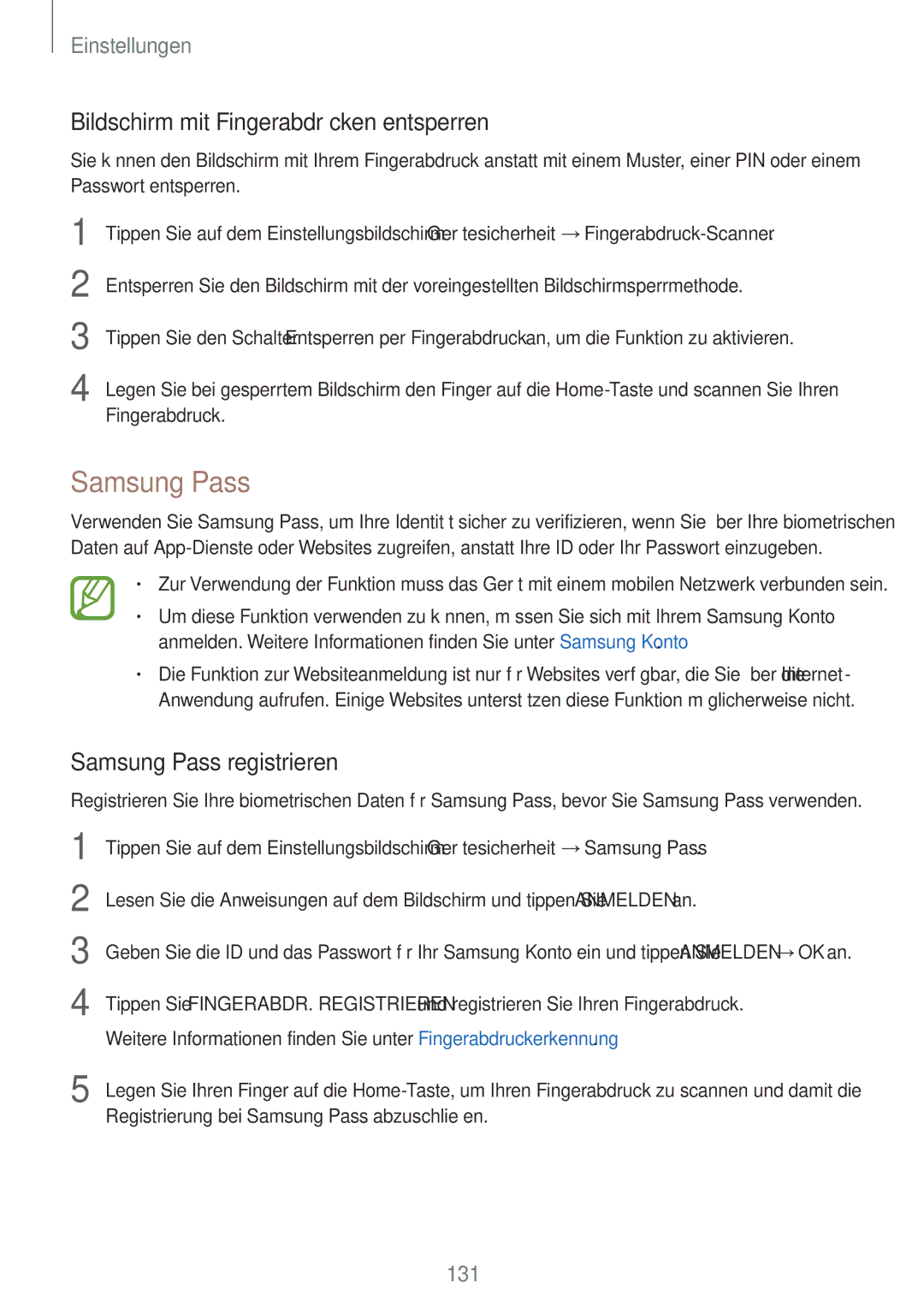 Samsung SM-A520FZKADBT, SM-A520FZIADBT manual Bildschirm mit Fingerabdrücken entsperren, Samsung Pass registrieren 