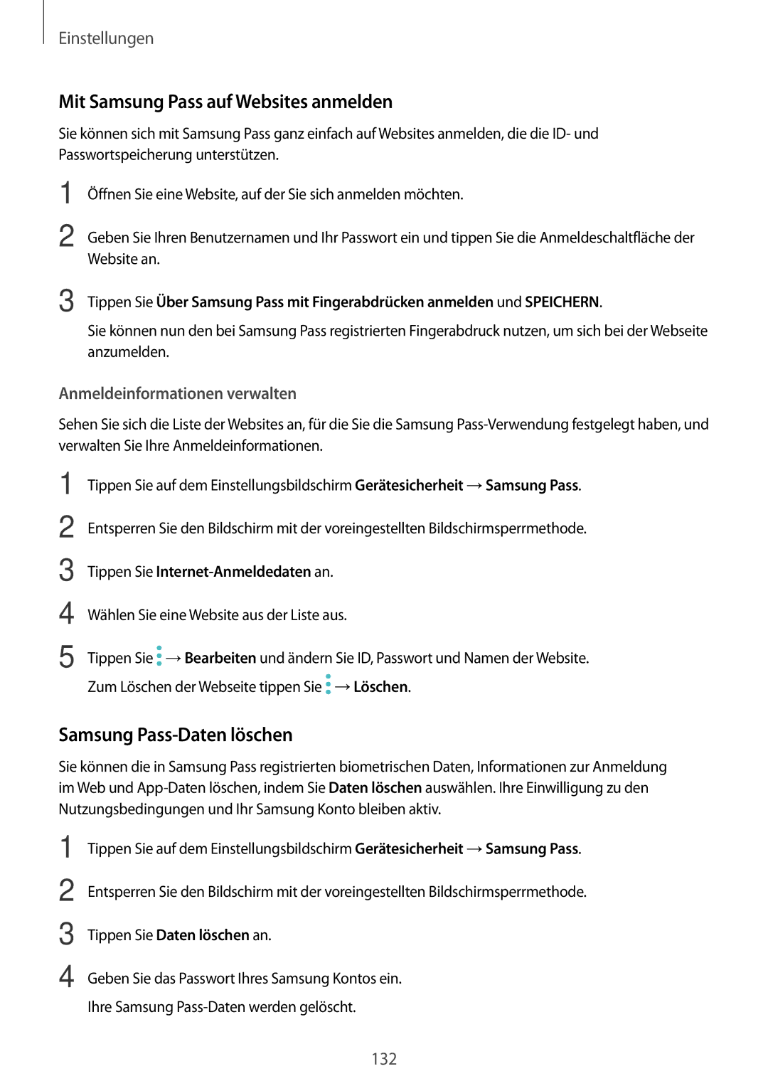 Samsung SM-A320FZKNDBT Mit Samsung Pass auf Websites anmelden, Samsung Pass-Daten löschen, Anmeldeinformationen verwalten 