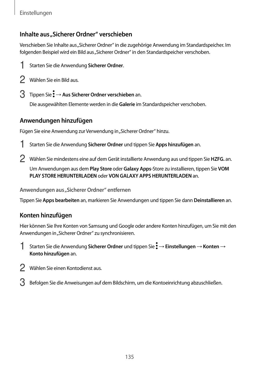 Samsung SM-A320FZBNDBT, SM-A520FZIADBT Inhalte aus„Sicherer Ordner verschieben, Anwendungen hinzufügen, Konten hinzufügen 