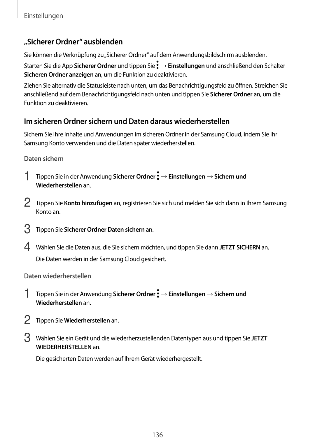 Samsung SM-A520FZIADBT, SM-A520FZBADBT, SM-A320FZDNDBT „Sicherer Ordner ausblenden, Daten sichern, Daten wiederherstellen 