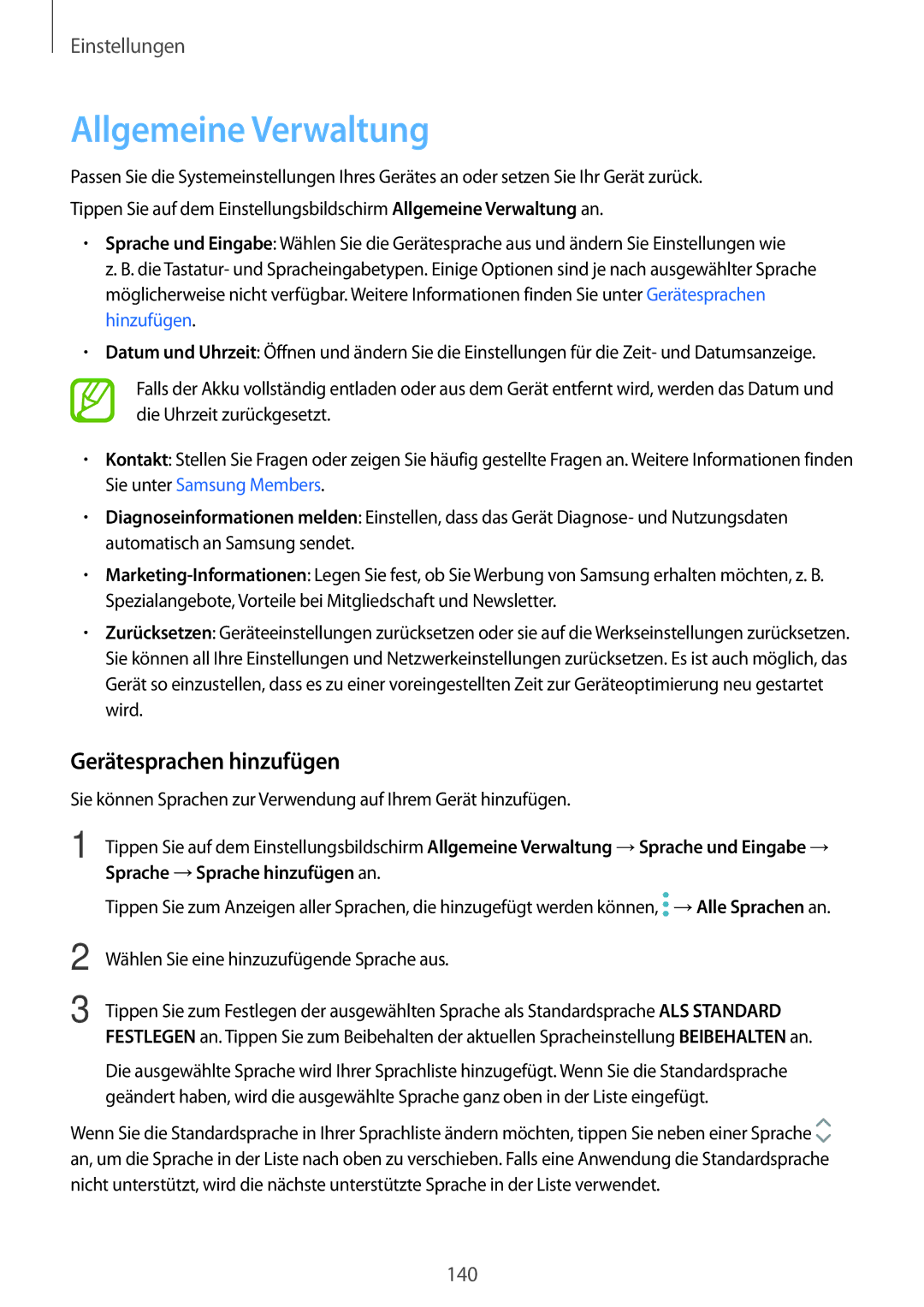 Samsung SM-A320FZKNDBT, SM-A520FZIADBT, SM-A520FZBADBT, SM-A320FZDNDBT manual Allgemeine Verwaltung, Gerätesprachen hinzufügen 