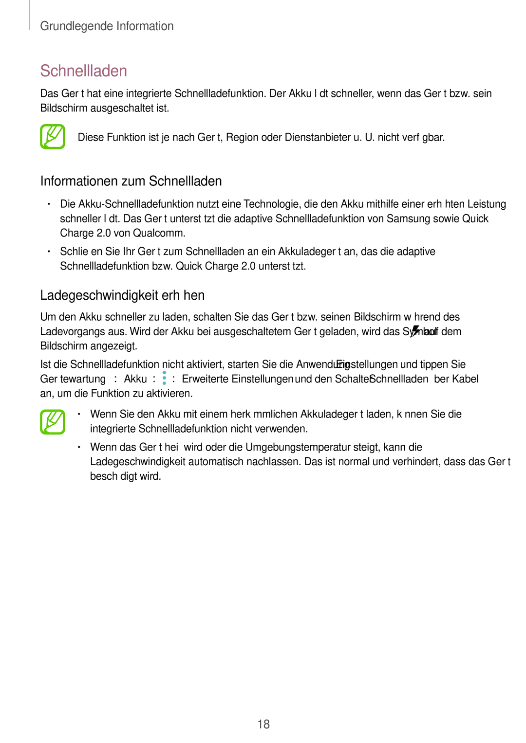 Samsung SM-A320FZDNDBT, SM-A520FZIADBT, SM-A520FZBADBT manual Informationen zum Schnellladen, Ladegeschwindigkeit erhöhen 