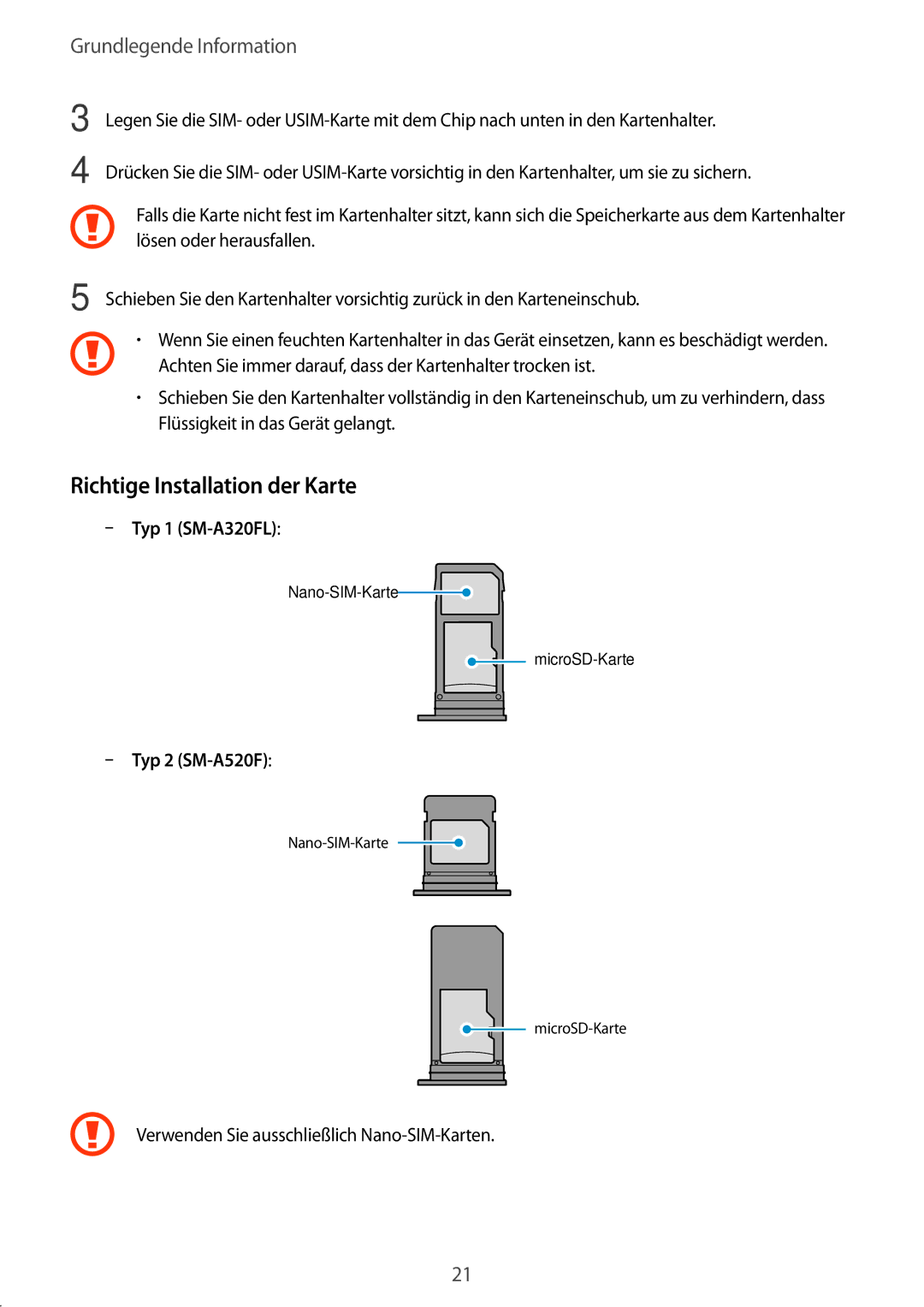 Samsung SM-A520FZDADBT, SM-A520FZIADBT, SM-A520FZBADBT, SM-A320FZDNDBT, SM-A520FZKADBT manual Richtige Installation der Karte 