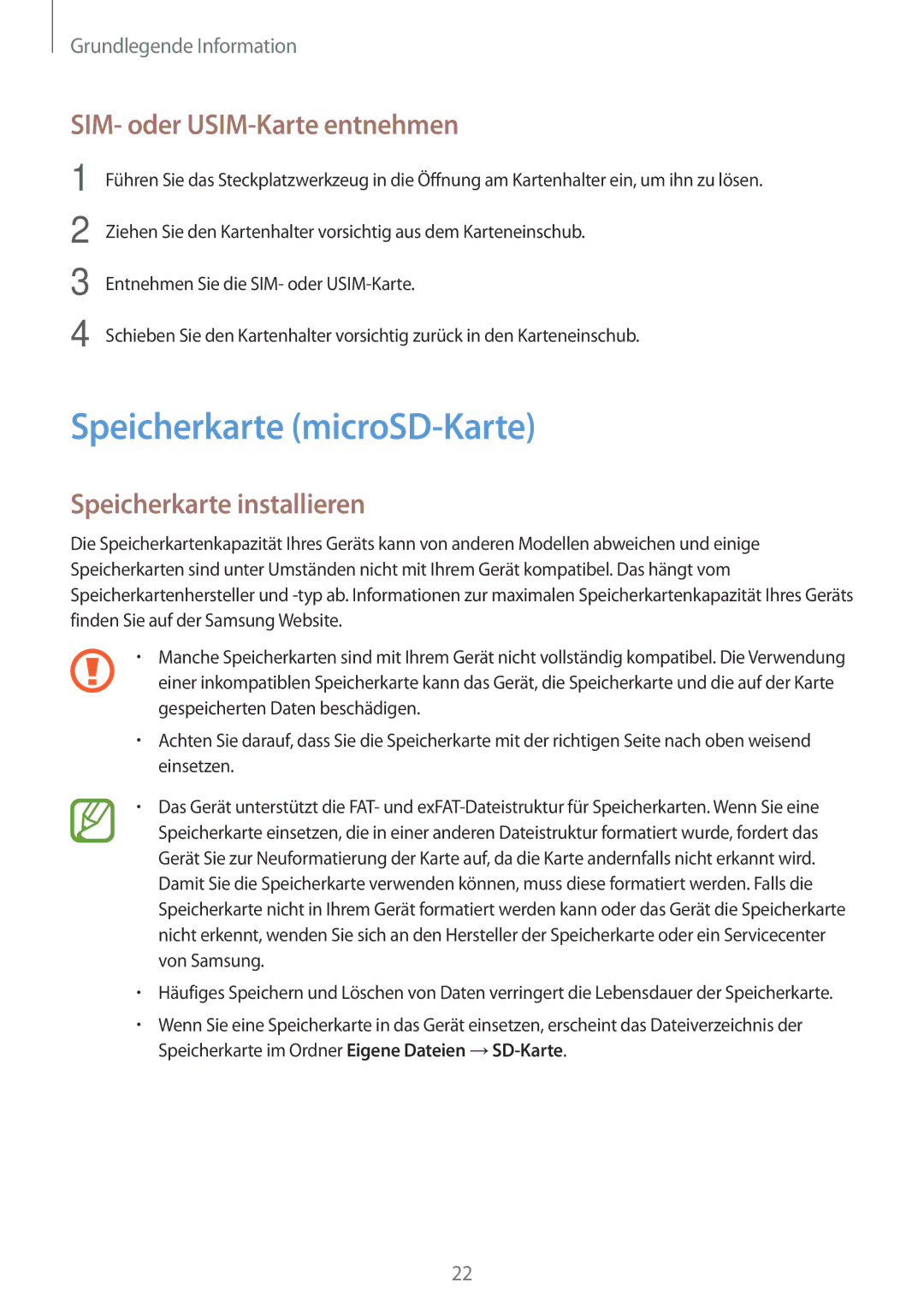 Samsung SM-A320FZINDBT manual Speicherkarte microSD-Karte, SIM- oder USIM-Karte entnehmen, Speicherkarte installieren 