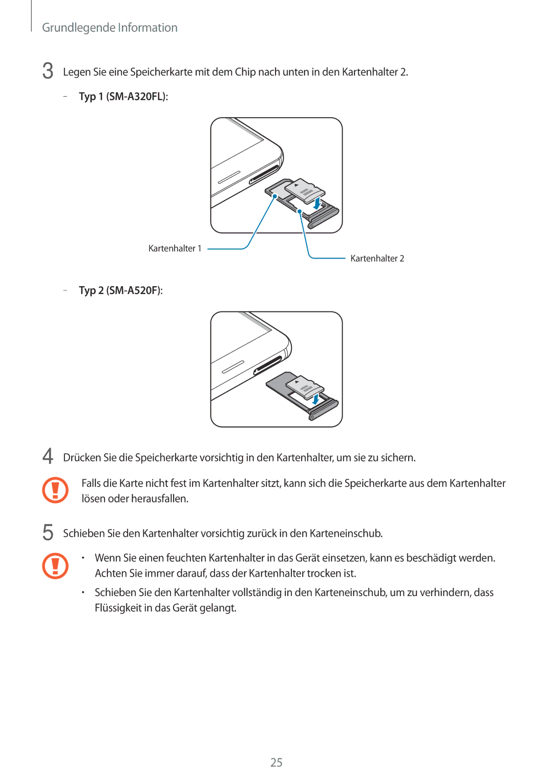 Samsung SM-A520FZBADBT, SM-A520FZIADBT, SM-A320FZDNDBT, SM-A520FZKADBT, SM-A320FZKNDBT, SM-A520FZDADBT manual Kartenhalter 