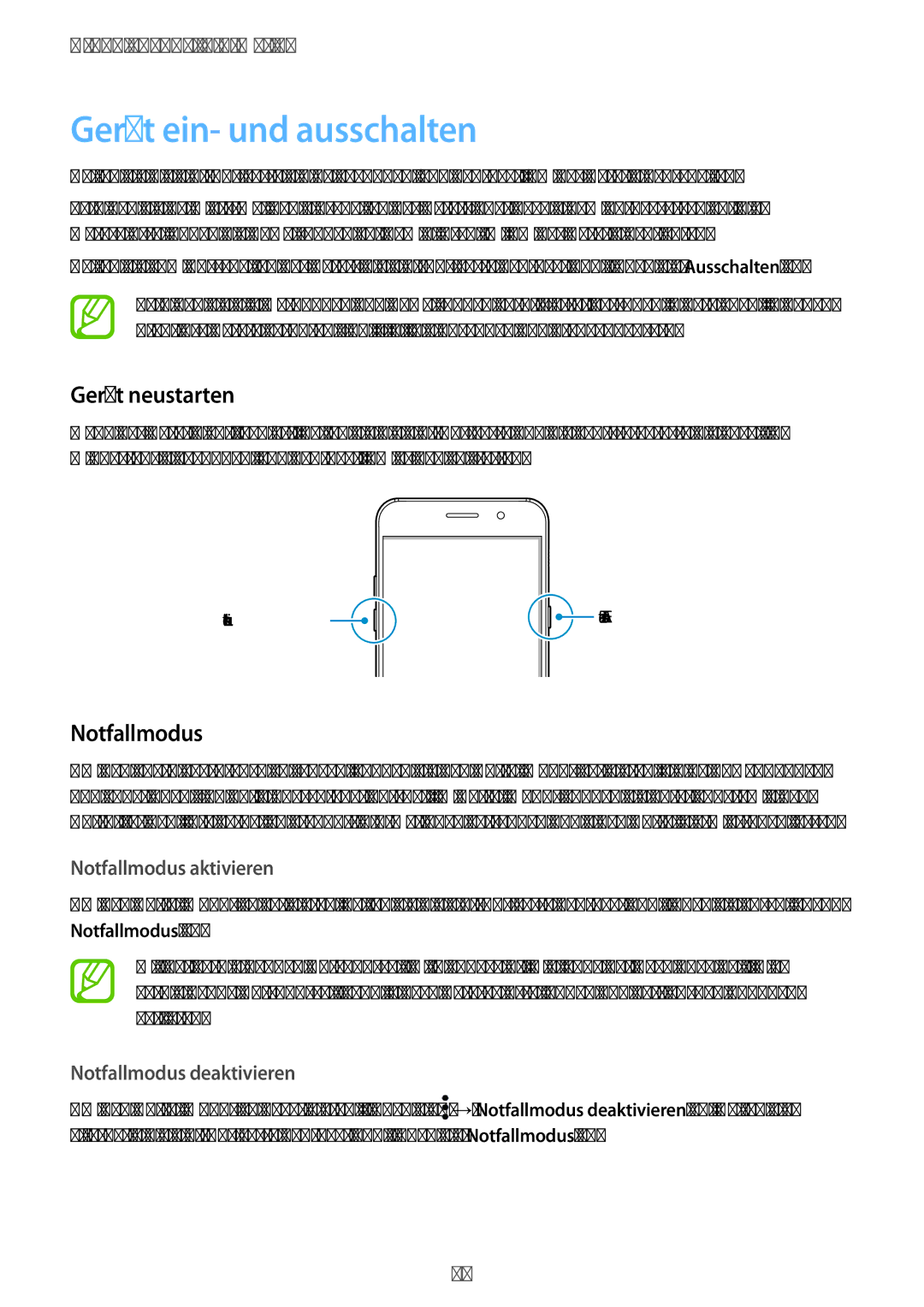 Samsung SM-A520FZKADBT, SM-A520FZIADBT manual Gerät ein- und ausschalten, Gerät neustarten, Notfallmodus aktivieren 