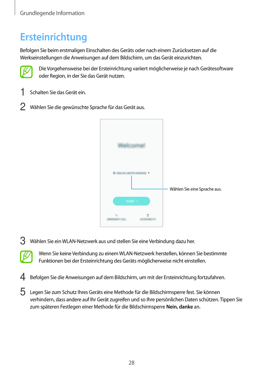 Samsung SM-A320FZKNDBT, SM-A520FZIADBT, SM-A520FZBADBT, SM-A320FZDNDBT, SM-A520FZKADBT, SM-A520FZDADBT manual Ersteinrichtung 