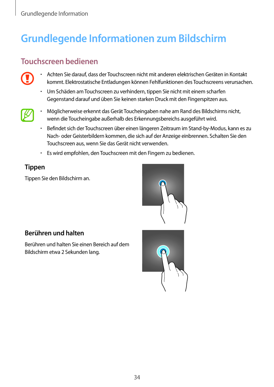 Samsung SM-A320FZDNDBT manual Grundlegende Informationen zum Bildschirm, Touchscreen bedienen, Tippen, Berühren und halten 