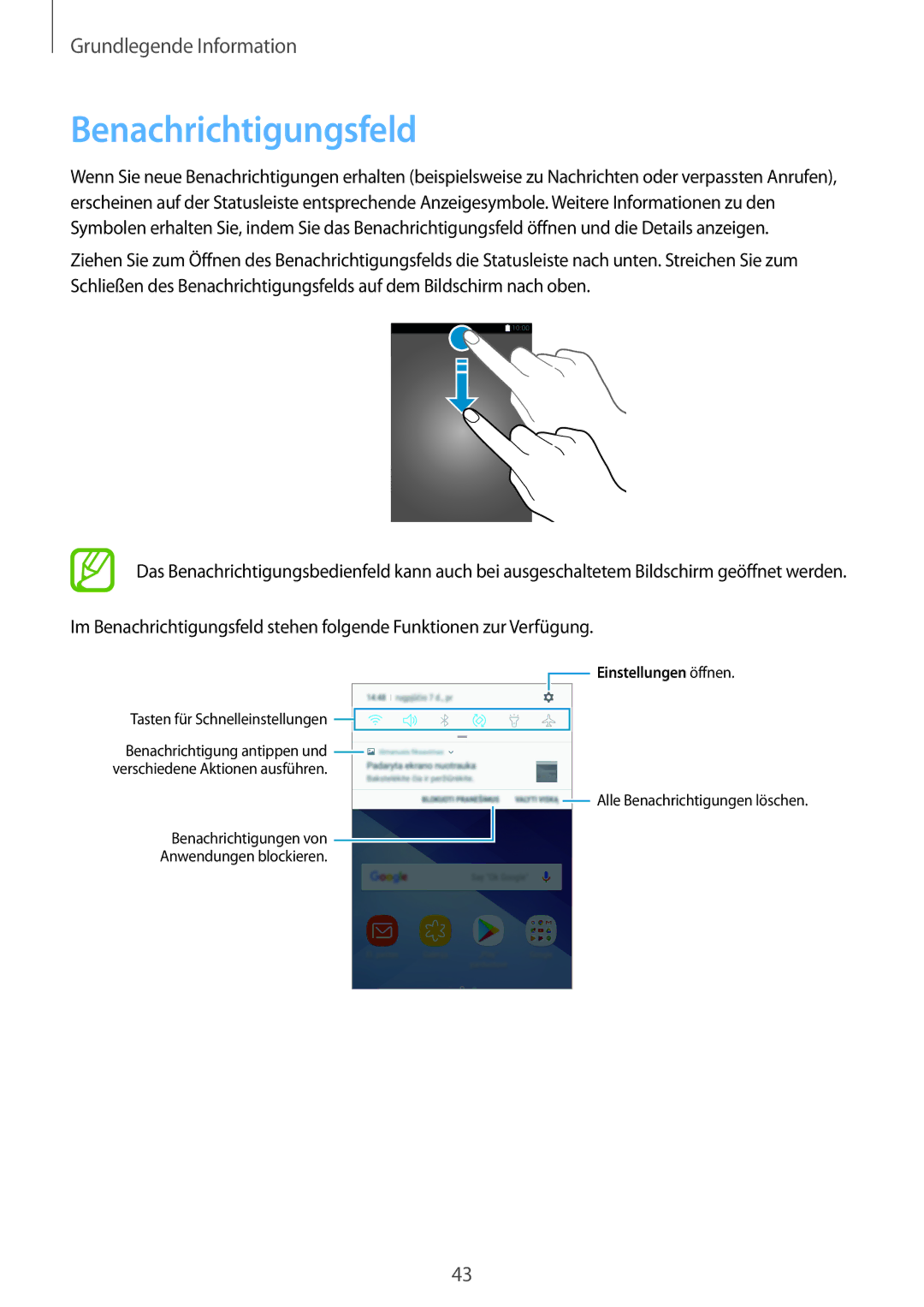 Samsung SM-A520FZKADBT, SM-A520FZIADBT, SM-A520FZBADBT, SM-A320FZDNDBT manual Benachrichtigungsfeld, Einstellungen öffnen 