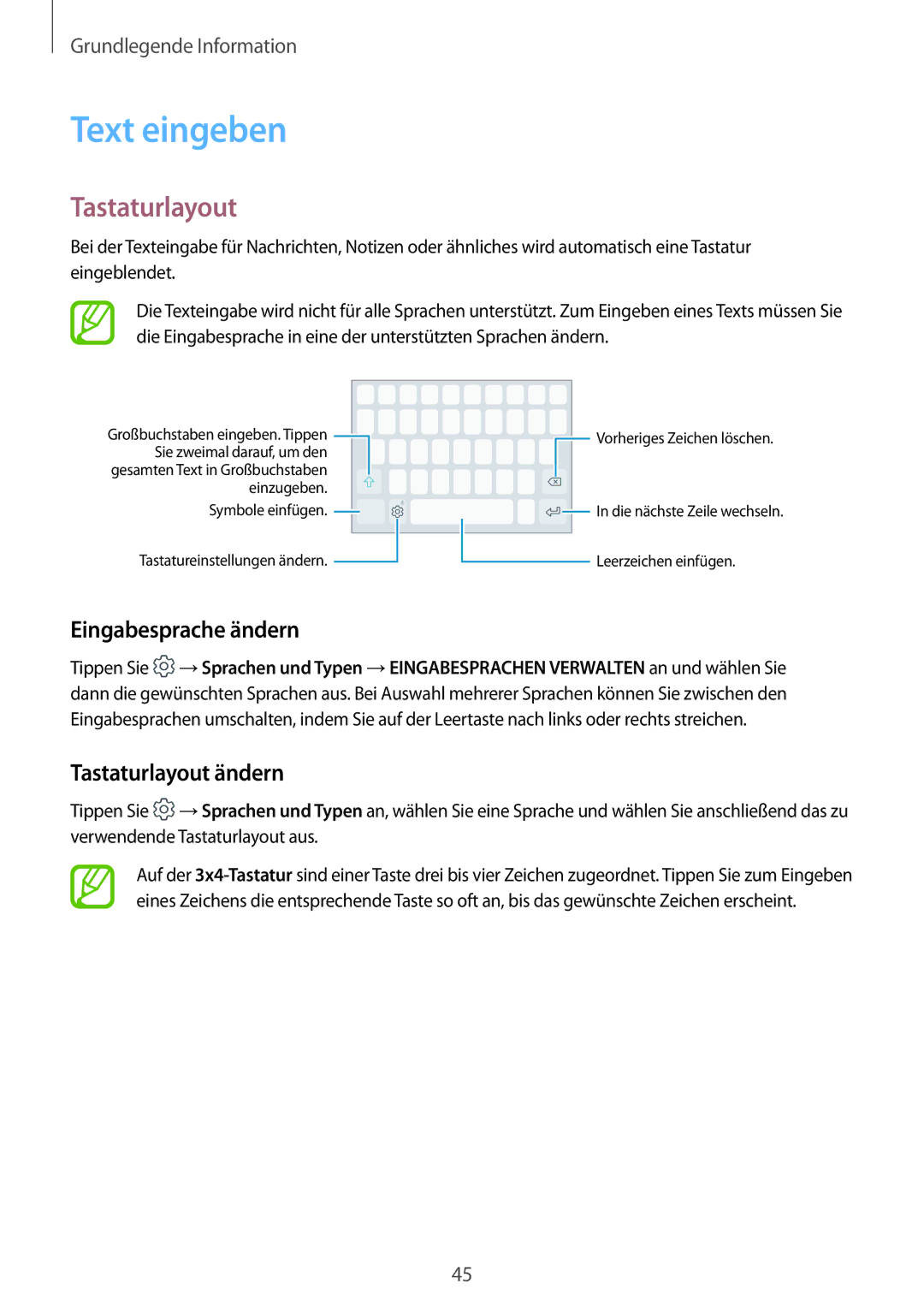 Samsung SM-A520FZDADBT, SM-A520FZIADBT, SM-A520FZBADBT manual Text eingeben, Eingabesprache ändern, Tastaturlayout ändern 