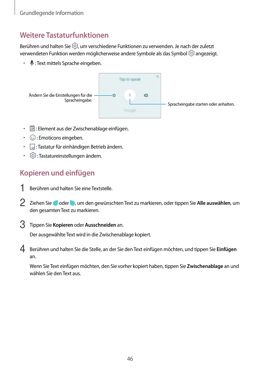 Samsung SM-A320FZINDBT manual Weitere Tastaturfunktionen, Kopieren und einfügen, Tippen Sie Kopieren oder Ausschneiden an 