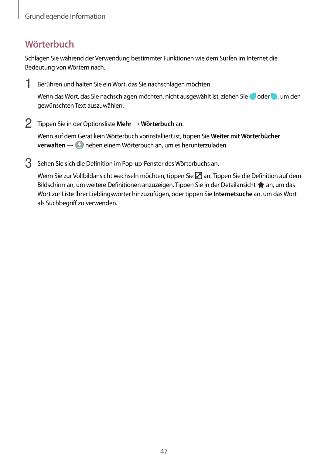 Samsung SM-A320FZBNDBT, SM-A520FZIADBT, SM-A520FZBADBT, SM-A320FZDNDBT, SM-A520FZKADBT, SM-A320FZKNDBT manual Wörterbuch 