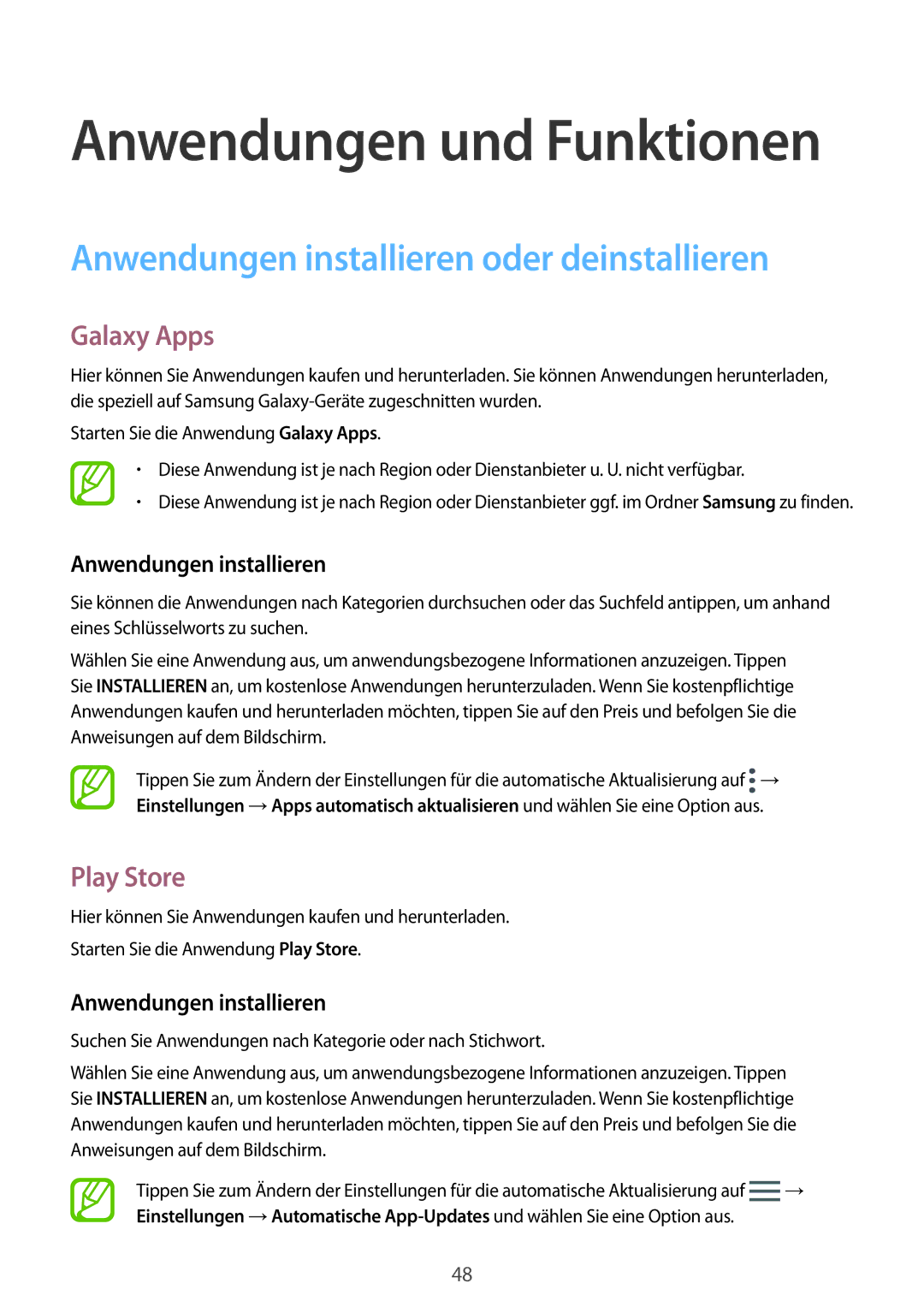 Samsung SM-A520FZIADBT, SM-A520FZBADBT manual Anwendungen installieren oder deinstallieren, Galaxy Apps, Play Store 