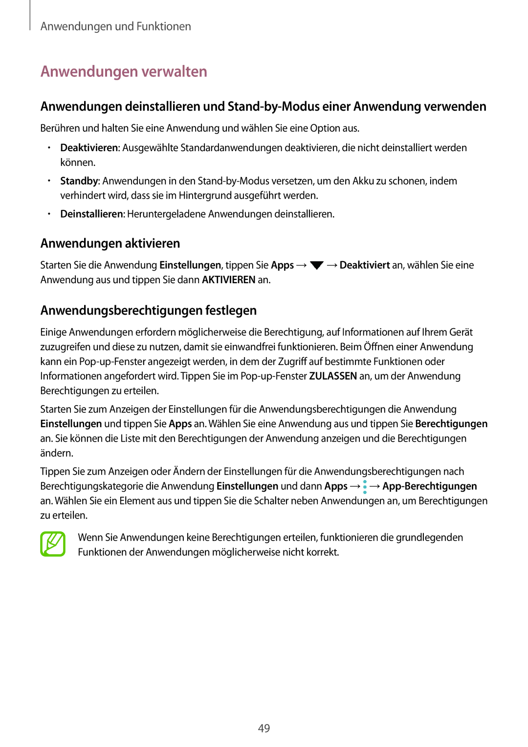 Samsung SM-A520FZBADBT, SM-A520FZIADBT Anwendungen verwalten, Anwendungen aktivieren, Anwendungsberechtigungen festlegen 