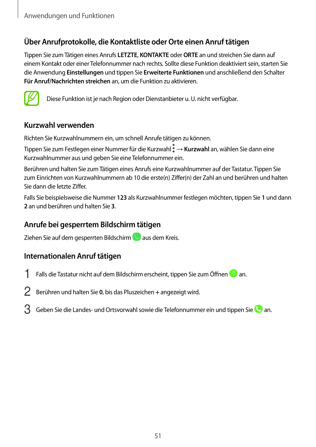 Samsung SM-A520FZKADBT manual Kurzwahl verwenden, Anrufe bei gesperrtem Bildschirm tätigen, Internationalen Anruf tätigen 